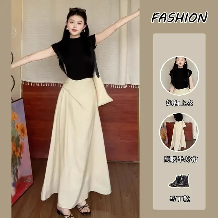 套装女春季新款韩系减龄温柔风修身短袖恤上衣高腰半身裙潮
