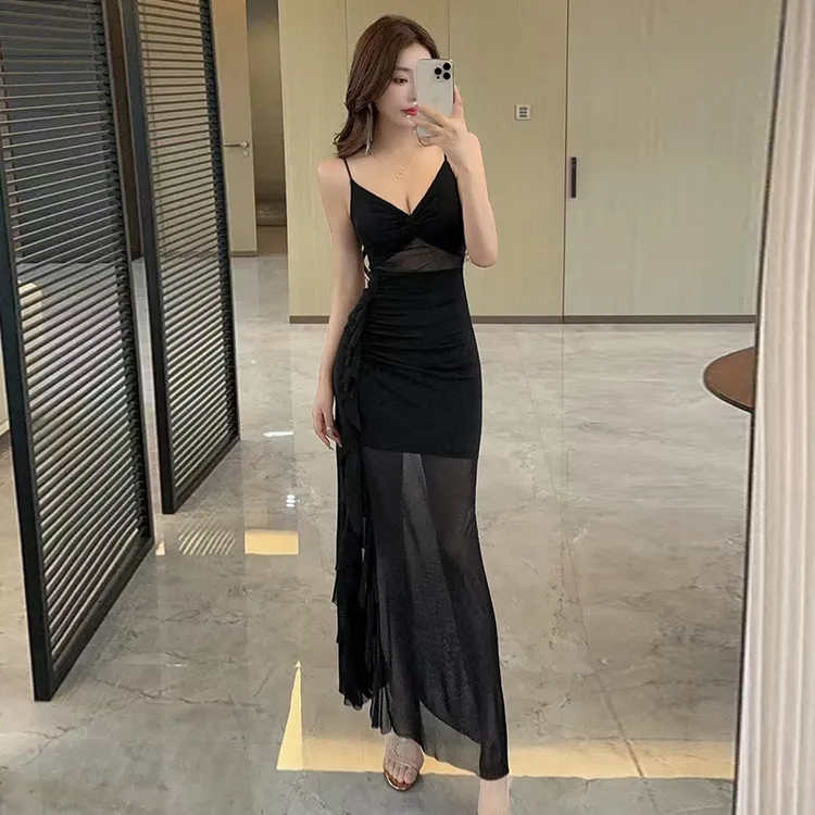 黑色V领镂空开叉长裙设计感网纱露背辣妹紧身夜场性感吊带连衣裙
