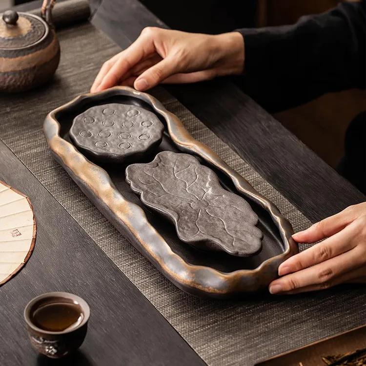 鎏金莲花茶盘功夫茶具排水托盘家用储水茶台陶瓷干泡台大号沥水盘