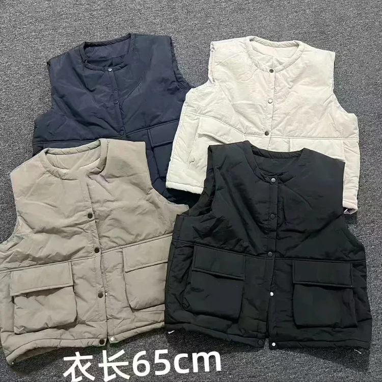 秋冬季韩系欧货大口袋圆领棉马甲纯色排扣开衫