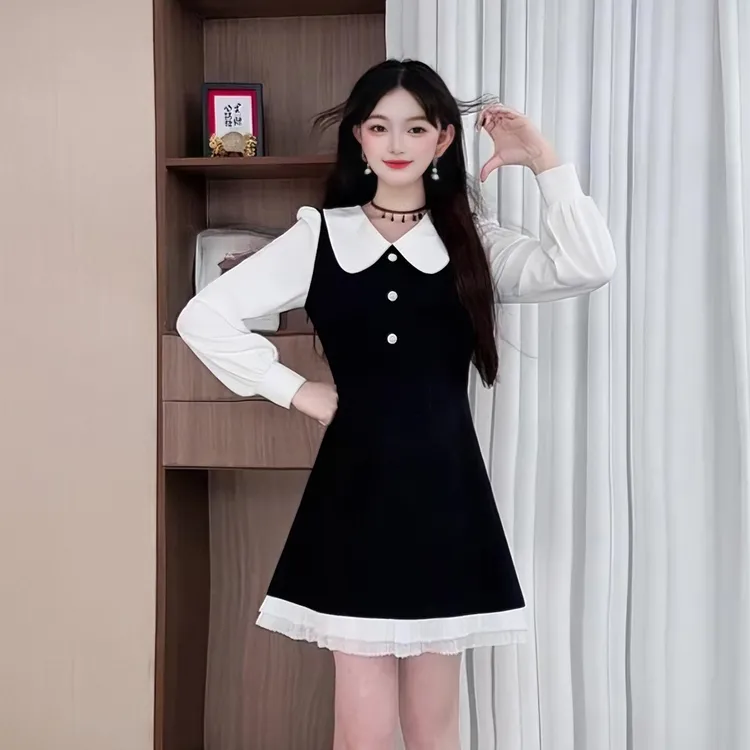 3722秋冬连衣裙轻奢气质名媛长袖打底裙显瘦收腰娃娃领减龄裙子