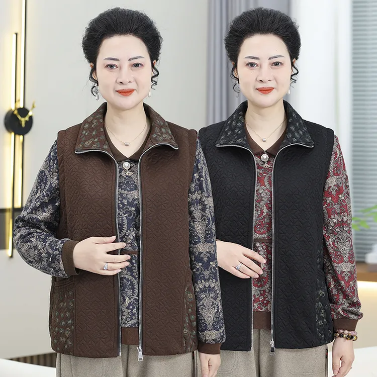 大码妈妈装春秋半开领马甲女冬季加绒加厚中老年休闲百搭背心2466