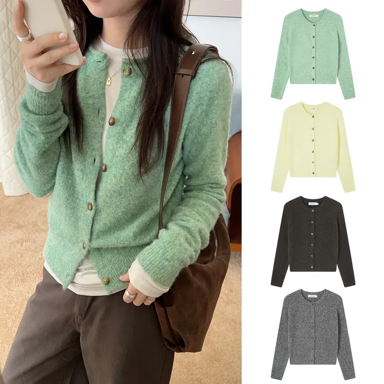 Miss sumeyY3925自制含羊毛复古绿色圆领针织开衫外套女早秋新款