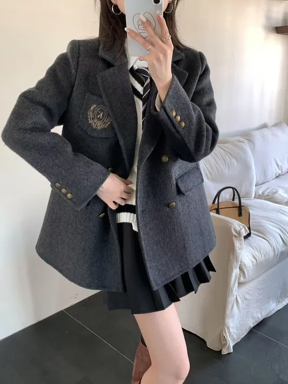 秋冬百搭JK学院风小个子双面羊毛大衣精致显瘦西装领短款毛呢外套