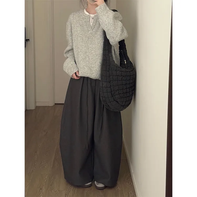 秋冬针织时尚洋气休闲百搭松弛感灰色长袖上衣高腰宽松阔腿裤套装