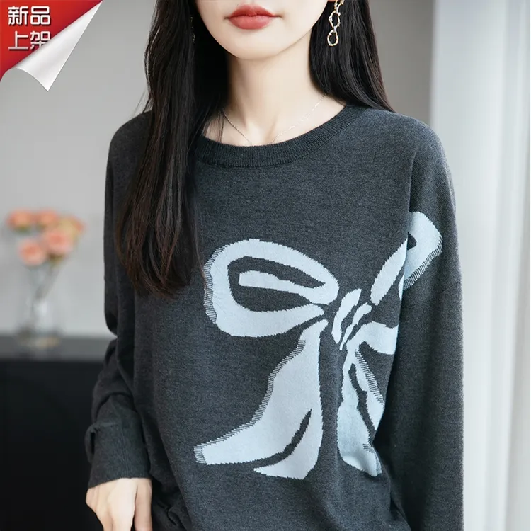 哥弟阿玛施正品新款精仿羊毛长袖针织衫蝴蝶结提花宽松百搭针织衫