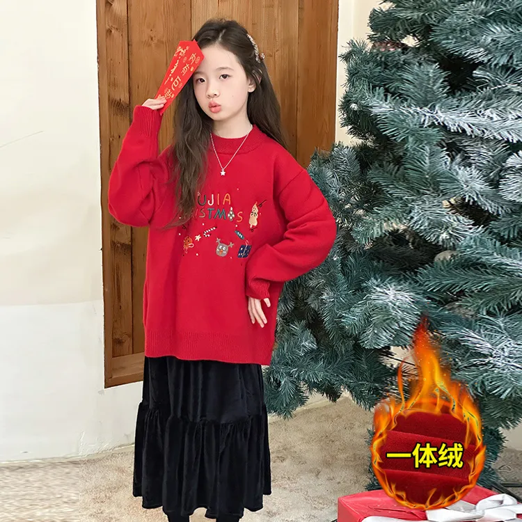 新年加厚毛衣2024新款女童一体绒刺绣针织衫毛线衣冬季红色过年服