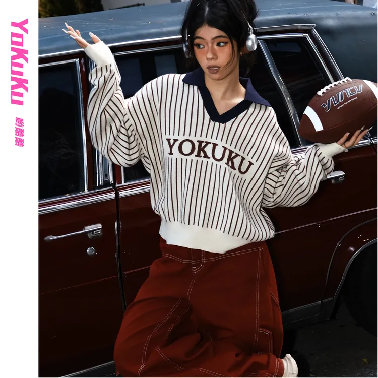哟酷酷（摇滚甜心）美式复古Polo翻领条纹宽松休闲针织毛织套头上衣