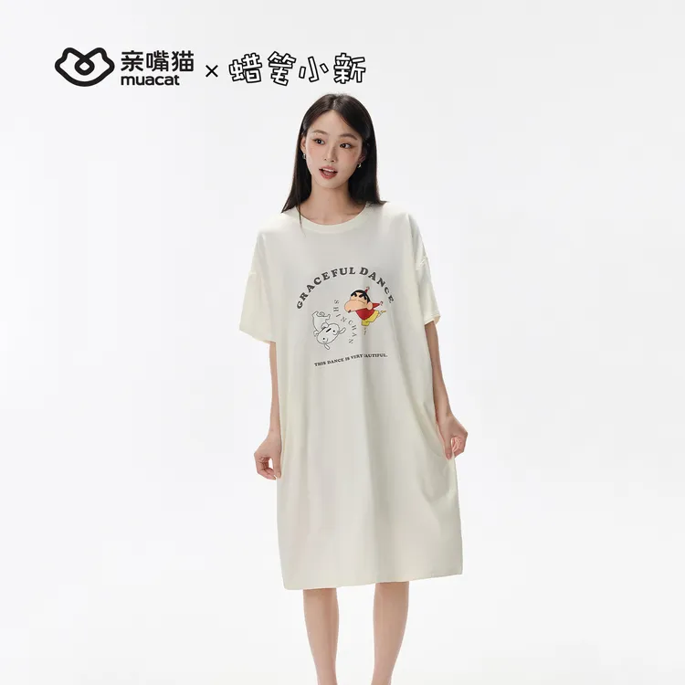 亲嘴猫蜡笔小新莫代尔棉外穿短袖中长款睡裙睡衣连衣裙家居服女夏