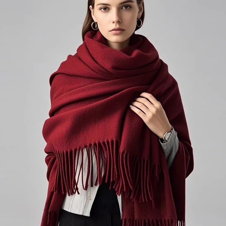 高端款！100%酒红色高级百搭羊绒围巾女秋冬季加厚围脖披肩保暖