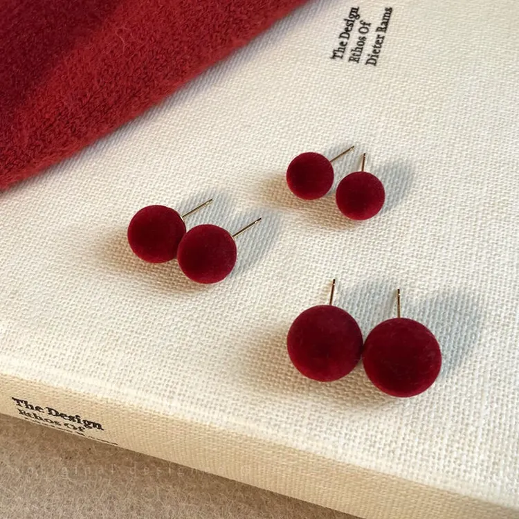 铜合金耳饰 圆球红色植绒丝绒简约耳钉2025复古气质新款秋冬耳饰