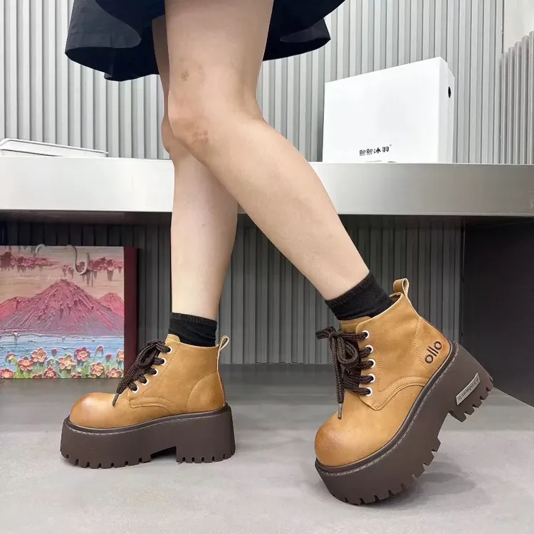 系带拼色秋季高跟沙丘废土风马丁靴英伦风纳帕纹女