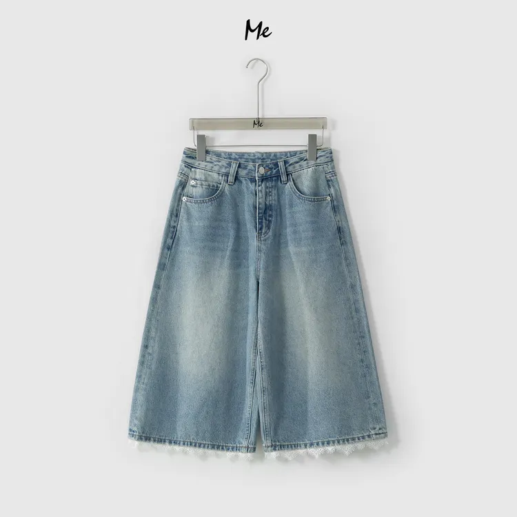 ME【七分蕾丝蓝牛】高腰显瘦时尚百搭复古水洗阔腿牛仔裤MESS6409