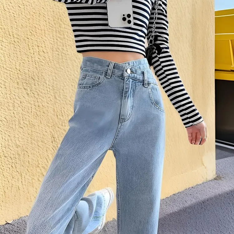 美式春秋新款宽松不规则交叉高腰显瘦直筒阔腿裤女设计感牛仔裤夏