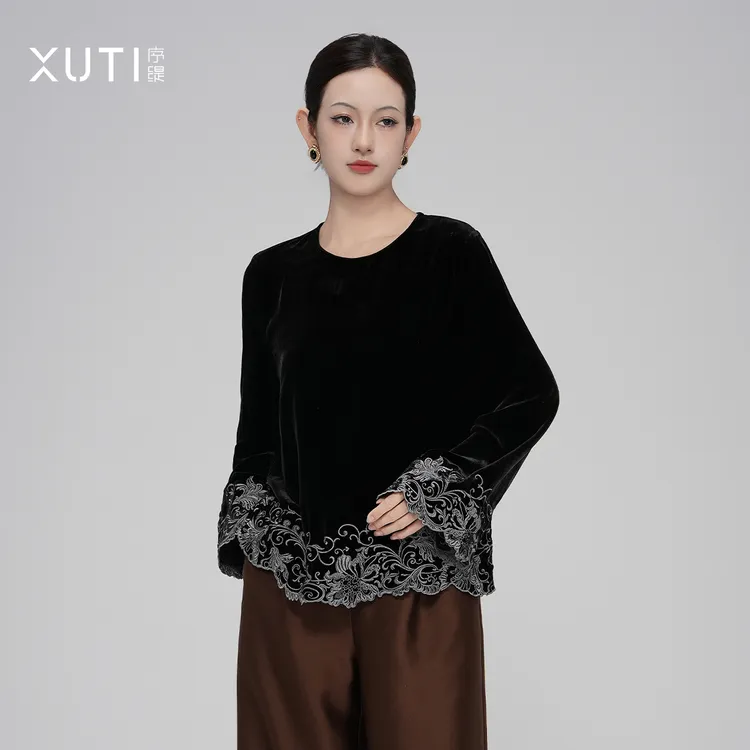 序缇『绒花』秋季新款国风新中式女装桑蚕丝真丝丝绒上衣H66-19026