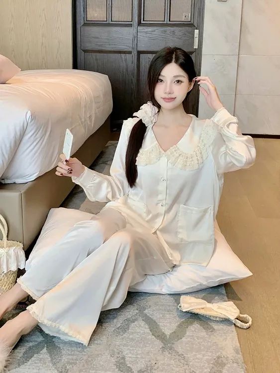 法式睡衣女春秋季2025新款长袖冰雪丝纯色休闲大码套装洋气家居服