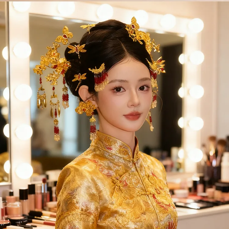 中式新娘头饰金色花朵高级发饰古风新款秀禾龙凤褂结婚配饰G0284