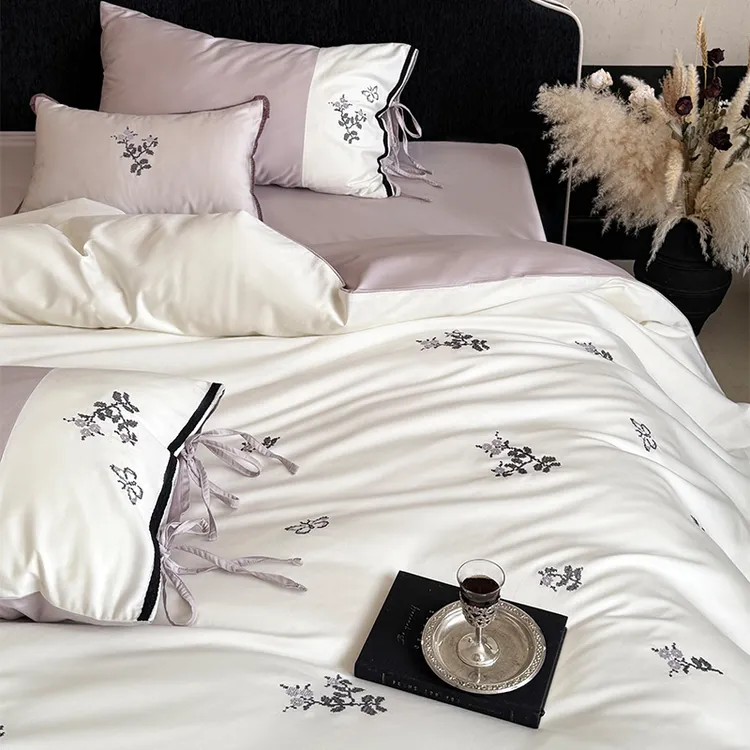 少女心长绒棉纯棉四件套简约花卉刺绣被套床单高级感全棉床上用品