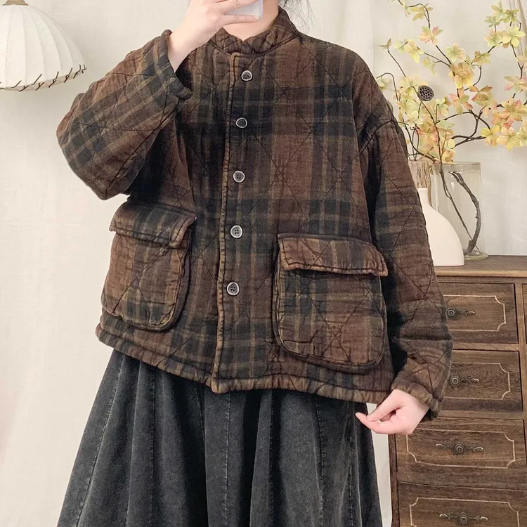 秋冬炒色棉麻格子加厚保暖宽松休闲棉衣百搭短款复古