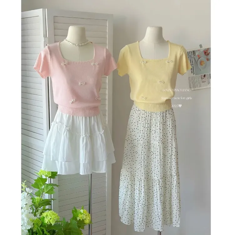 韩系夏季少女温柔欧若风蝴蝶结短袖方领甜美针织衫上衣