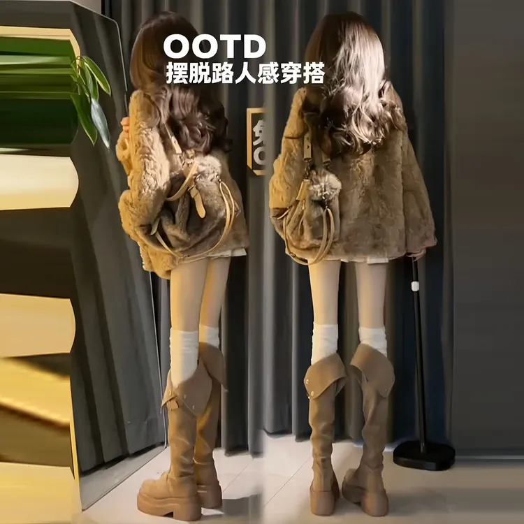 法式气质立领蝴蝶结毛毛外套女冬季雪绒针织衫+毛呢百褶裙三件套