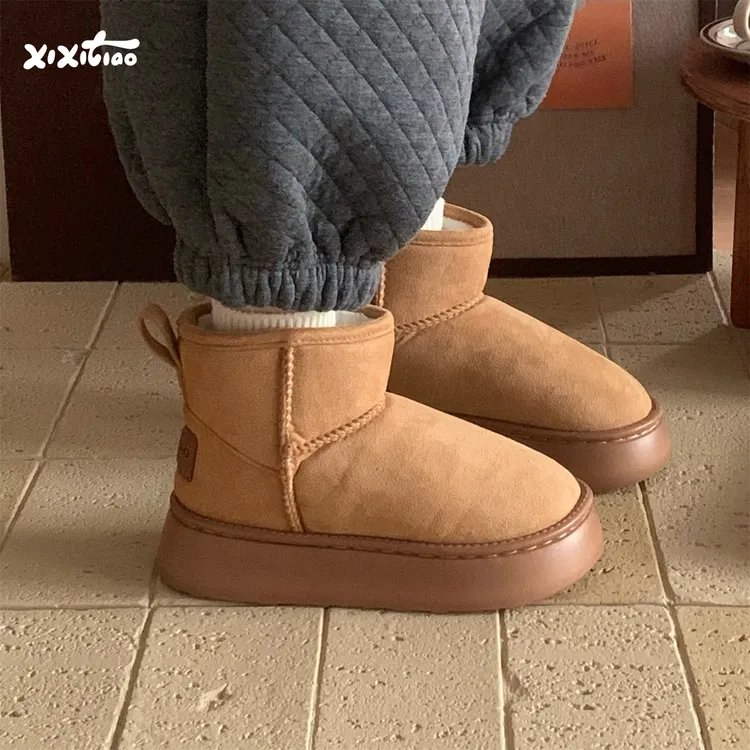 细细条 复古雪地靴女百搭保暖户外防滑增高厚底冬季时尚东北棉靴