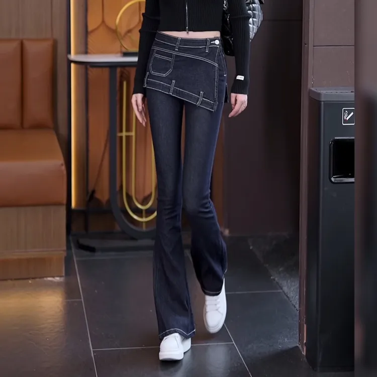 修身弹力显瘦2025春秋新款高腰长裤微喇叭牛仔裤美式辣妹假两件
