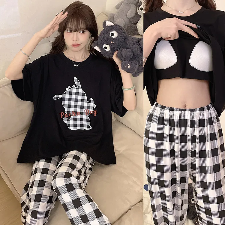 ins风带胸垫莫代尔短袖长裤睡衣女夏网红甜美休闲学生家居服套装