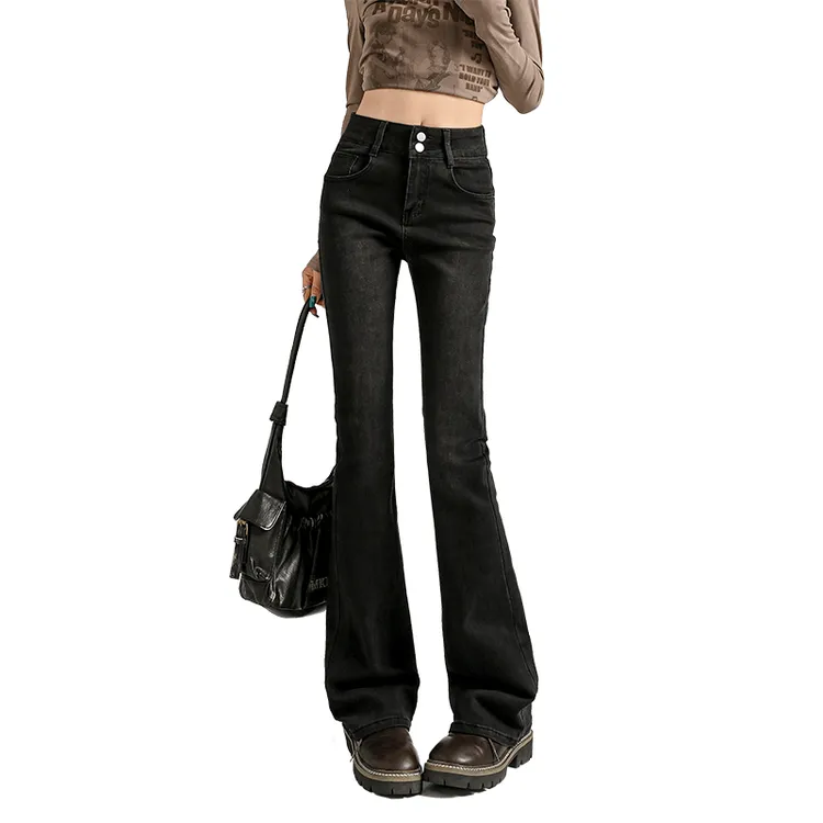 春季ins风高腰性感风秋季弹力牛仔裤春秋直筒百搭时尚长裤黑色