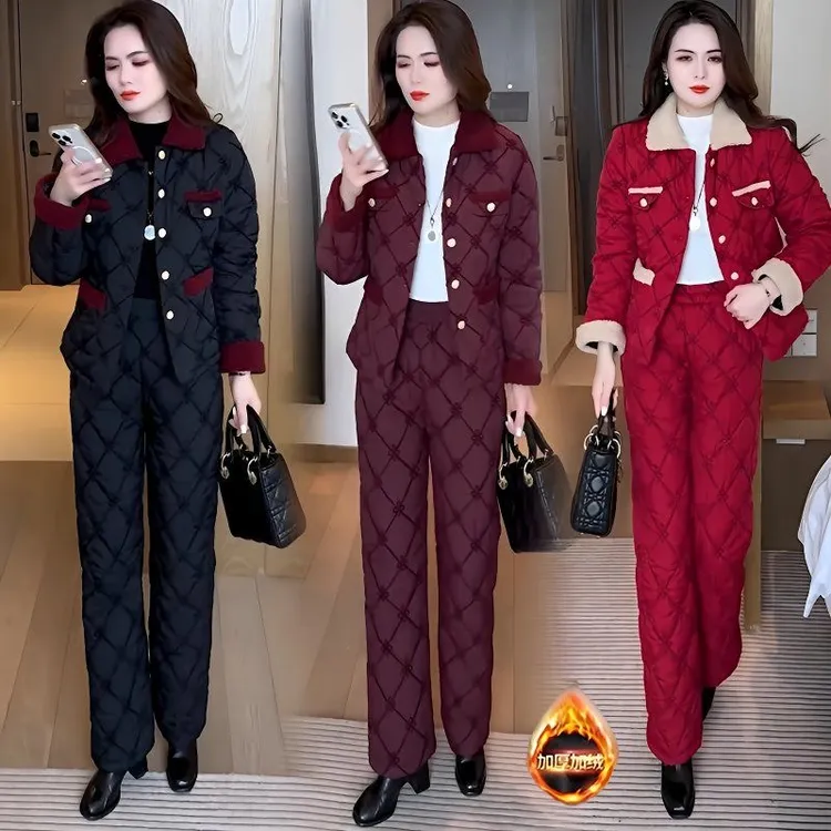 2025秋冬新款刺绣加绒加厚时尚套装小香风棉衣棉裤保暖两件套5548