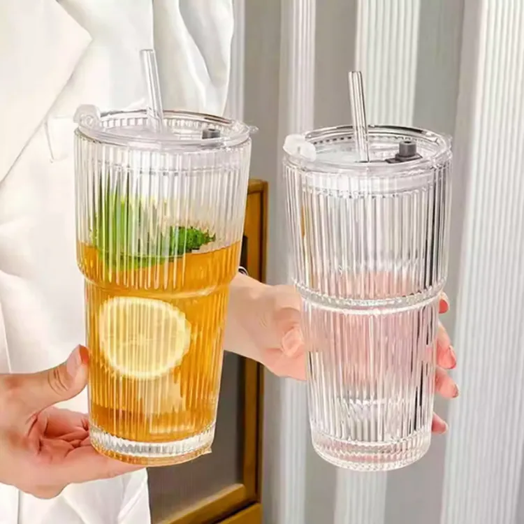 【两只装】ins风高颜值冷饮果汁咖啡杯带盖吸管大容量条纹玻璃杯