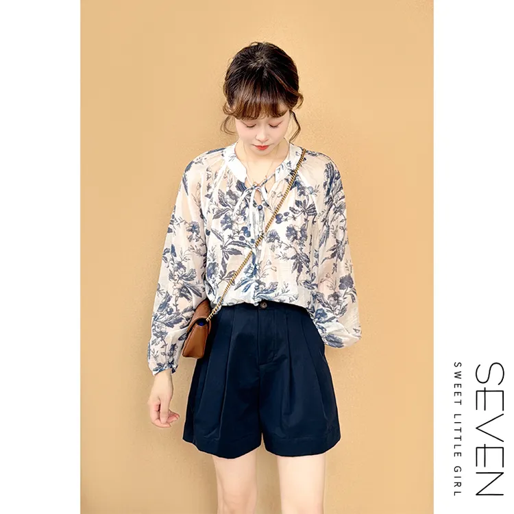 青花衫⑧七七146小个子防晒洋气碎花宽松天丝衬衫女夏季薄款小美说