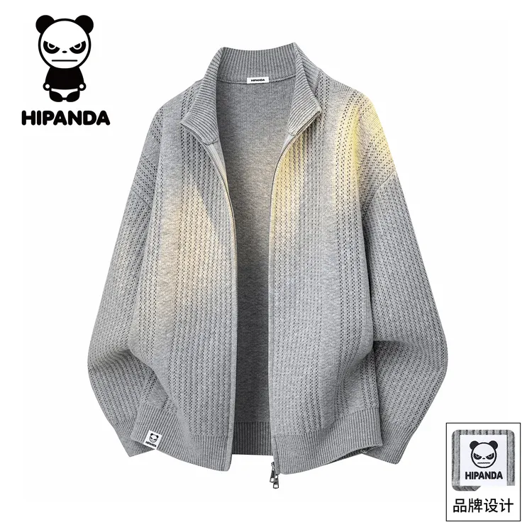 Hi Panda你好熊猫秋冬新款美式双拉链开衫毛衣男宽松百搭立领外套