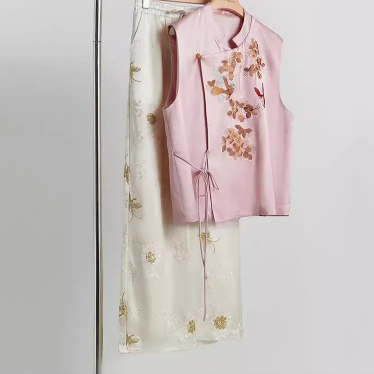 新中式国风重工刺绣粉色马甲长裤醋酸套装女夏季新款高级感小个子