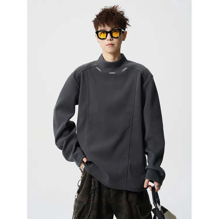 美式拼接半高领长袖T恤男士德绒加绒秋冬潮牌内搭打底衫卫衣潮