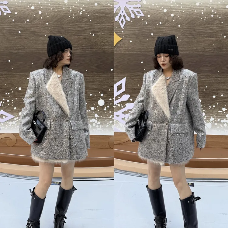 YDFSTUDIO小众【秀场主角】欧货亮片设计买手店西装羽绒+半身裙套装