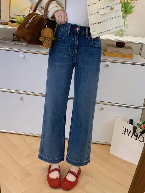 小个子加绒直筒牛仔裤女秋冬大码梨形身材高腰显瘦弹力百搭烟管裤