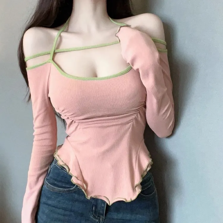 紧身露肩小众洋气女打底衫辣妹粉色显瘦恤女秋纯欲修身潮上衣岁韩