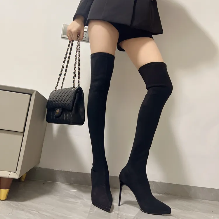 【琳琳七】过膝长靴女防水台细跟性感显瘦小个子尖头弹力瘦瘦长筒靴