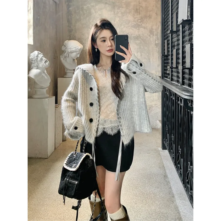 法式设计感飘带大翻领针织衫开衫女秋冬季宽松软糯慵懒风毛衣外套