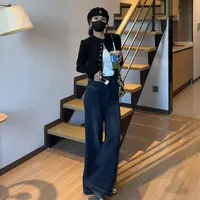 小个子美式复古高腰不贴腿窄版微喇超模2.0版本新款微喇直筒牛仔