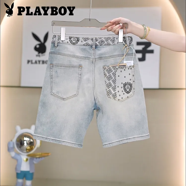 PLAYBOY/花花公子夏季薄款男士破洞拼接印花潮流百搭牛仔短裤