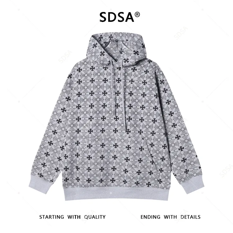 SDSA男士秋冬新款痞帅男装美式撞色满印十字印花连帽卫衣百搭上衣
