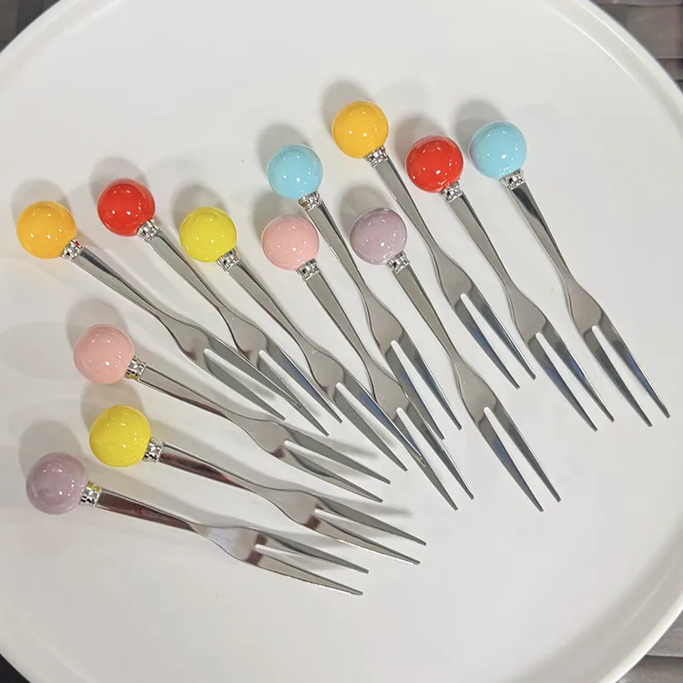 可爱圆球不锈钢水果叉高颜值二齿水果叉点心叉多巴胺不锈钢甜品叉