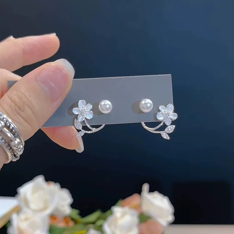 铜合金耳饰 925银针花朵珍珠耳钉气质甜美小众设计感耳环2025新款