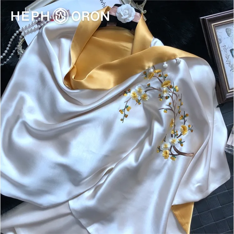 HEPHSORON苏绣丝巾礼盒送妈妈金色刺绣百搭高级感桑蚕丝真丝围巾