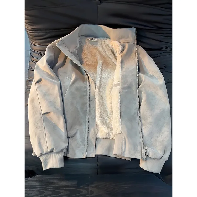 美式雾面扎染羊羔绒外套男冬季加绒加厚夹克棉服立领PU皮机车皮衣