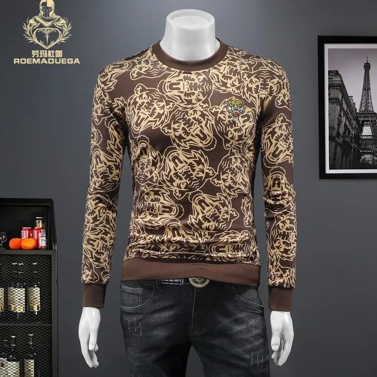 劳玛杜伽春秋季时尚潮流休闲老虎刺绣衣服男士长袖圆领套头卫衣
