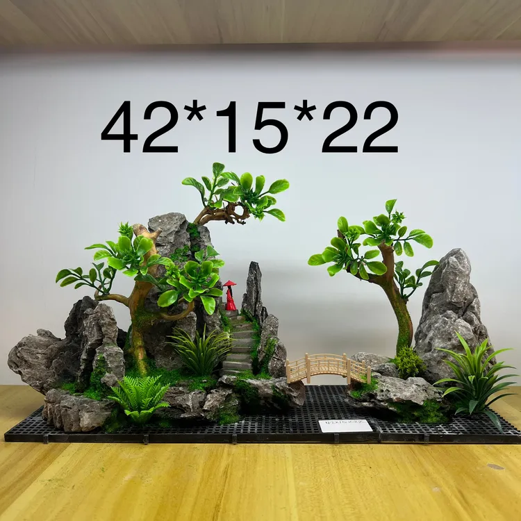 鱼缸造景真假山搭配绿植用于水族箱装饰布景