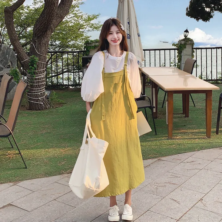 纯色泡泡袖T恤背带裙套装2025女夏新款甜美减龄韩系松弛感两件套